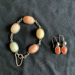 Vintage Sterling Semi Precious Stone Scarab Bracelet and Earring Set